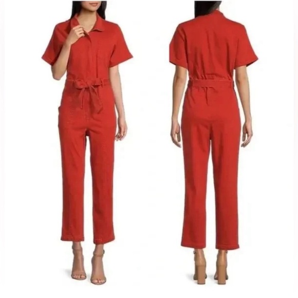 Skies Are Blue Pants - Skies Are Blue Red Tie Waist Short Sleeve Jumpsuit Size XS